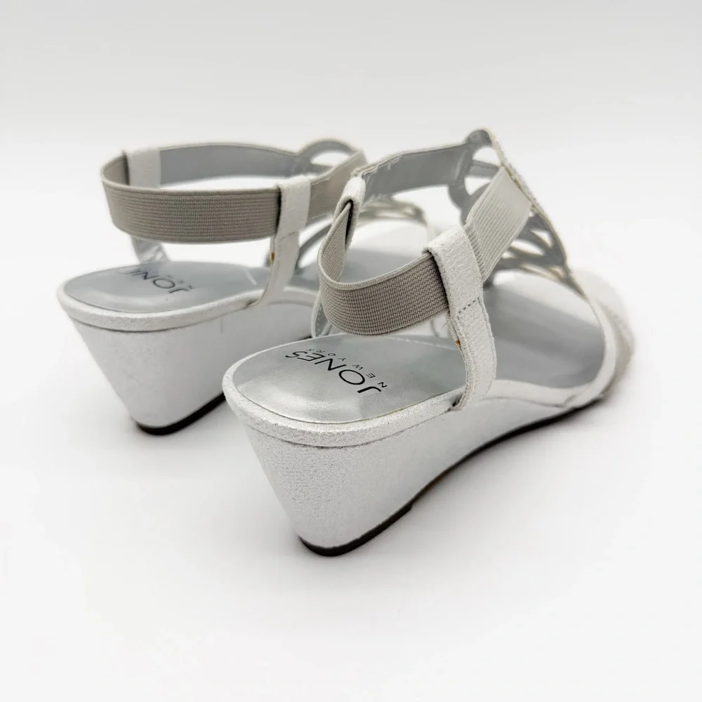 Jones New York Denice Strappy Bling Wedge Sandals Elastic Ankle Silver 7 NEW